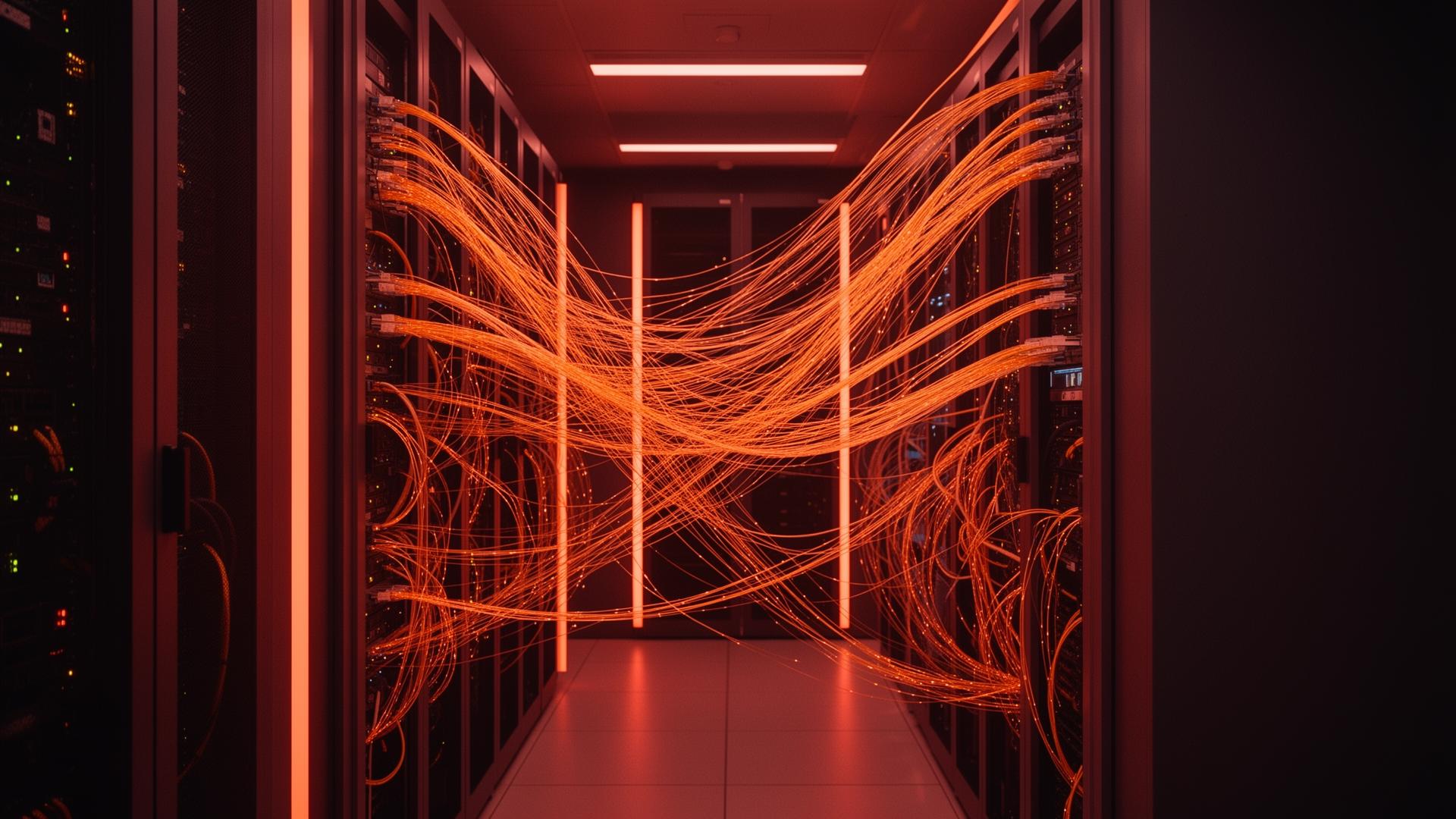 Data center with glowing fiber optic network connections